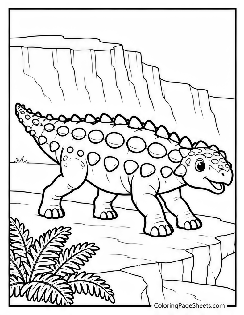 Ankylosaurus walking near a rocky cliff with ferns below