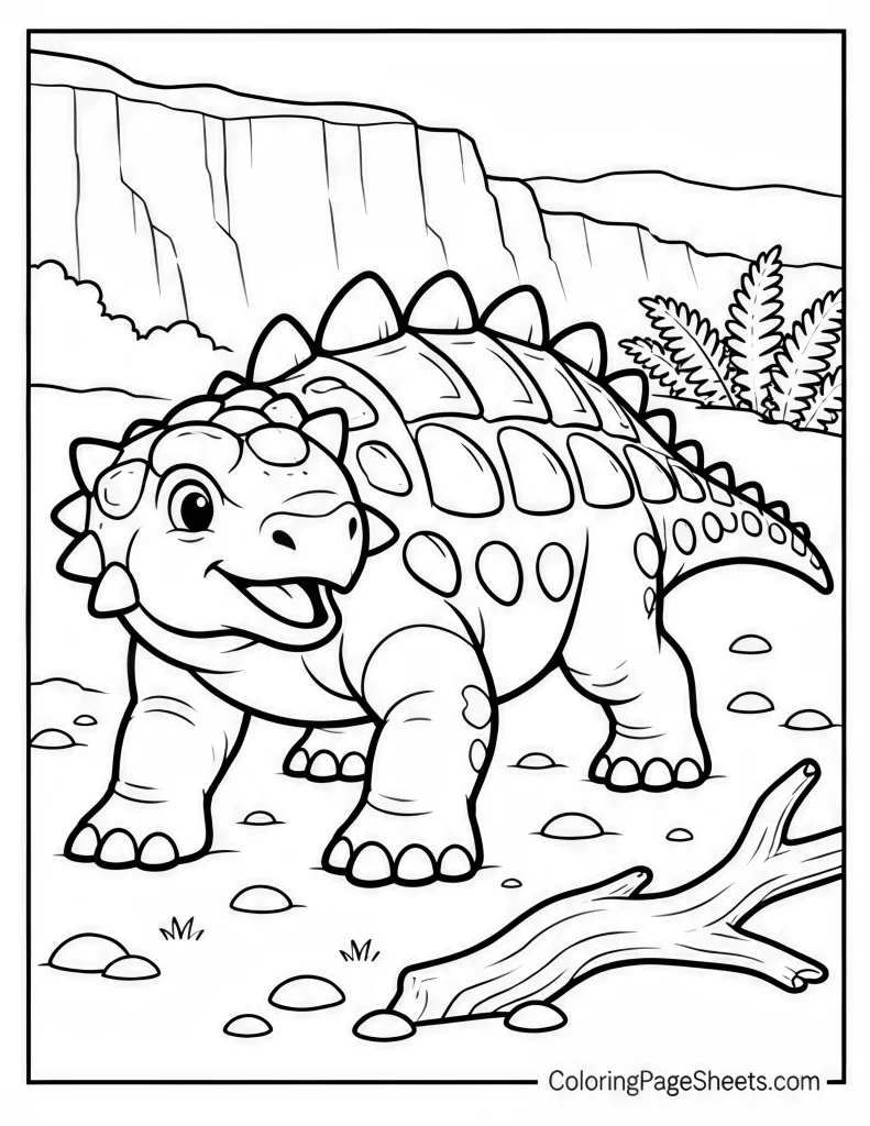 Smiling ankylosaurus standing beside a fallen log with cliffs and ferns