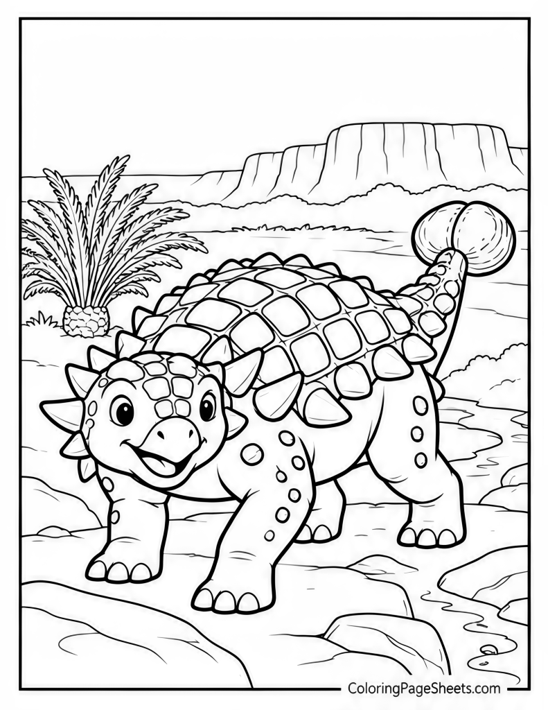 Ankylosaurus standing beside a river with rocky cliffs and broad plants