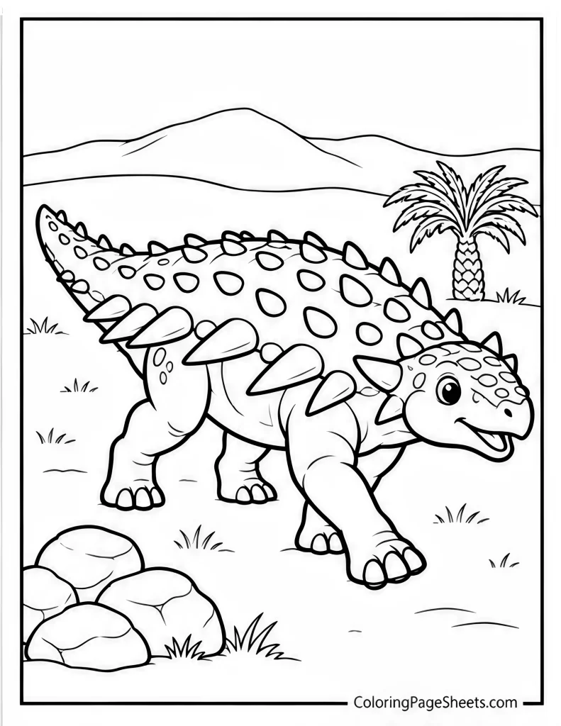 Ankylosaurus walking past rocks with a palm tree and hills behind it