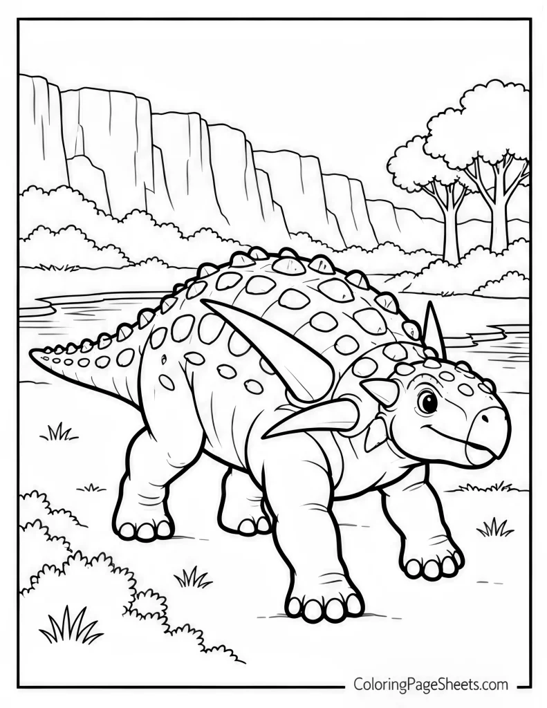 Ankylosaurus walking through a rocky valley with cliffs and trees