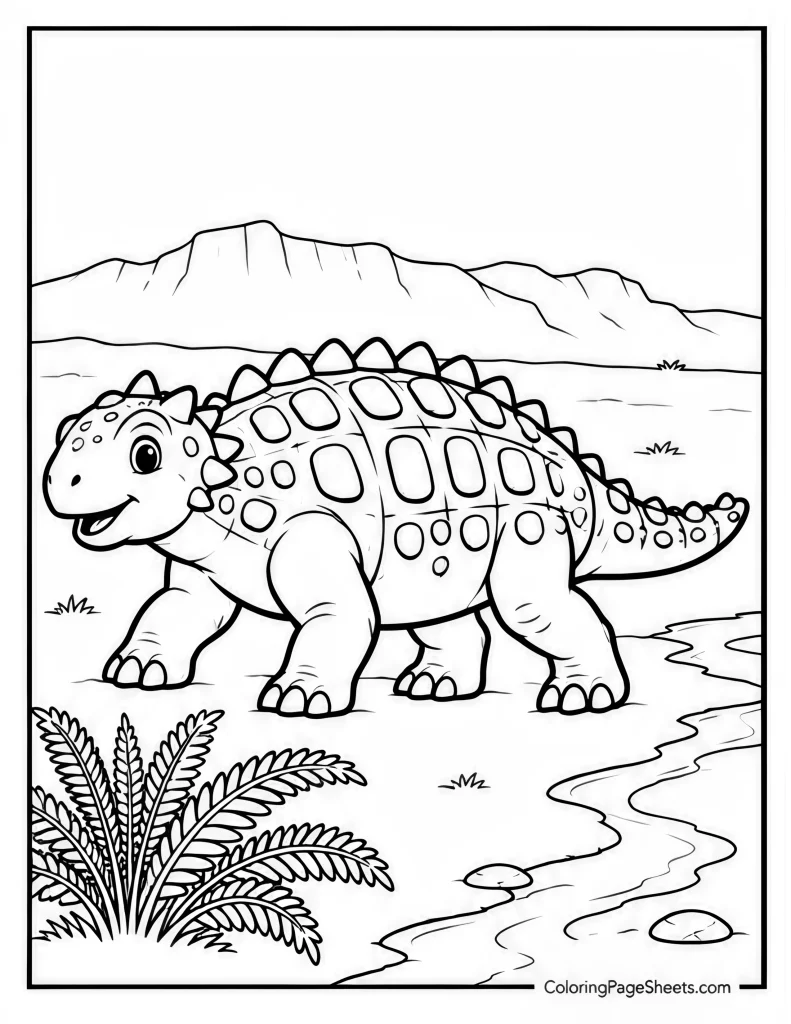 Ankylosaurus walking beside a narrow stream with ferns and mountains