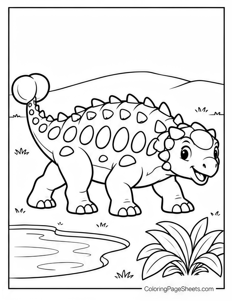Ankylosaurus walking beside water with palm trees and low hills