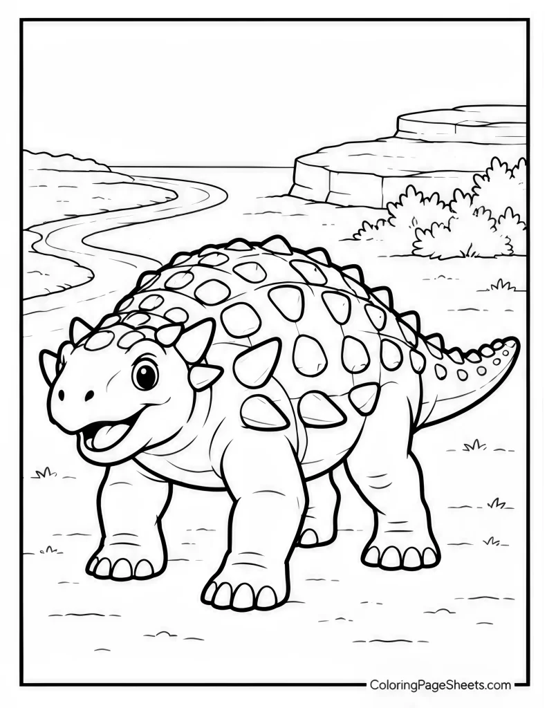 Ankylosaurus walking beside a winding river with layered cliffs
