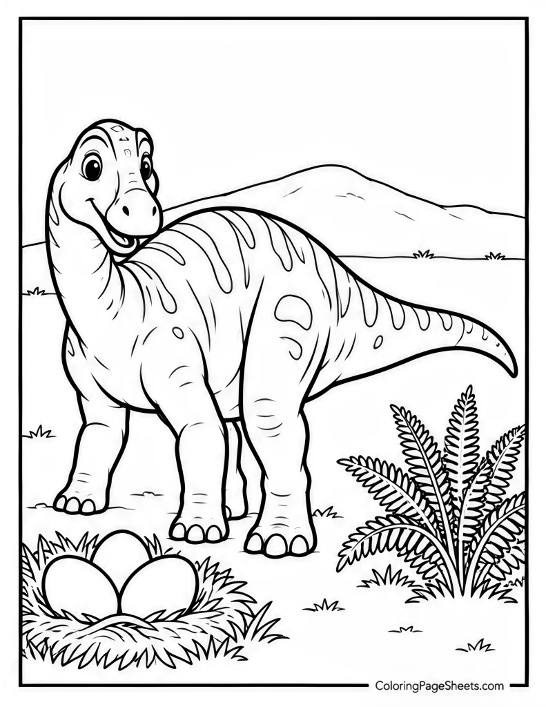 Large beaked herbivorous dinosaur standing beside a nest of eggs and leafy plants