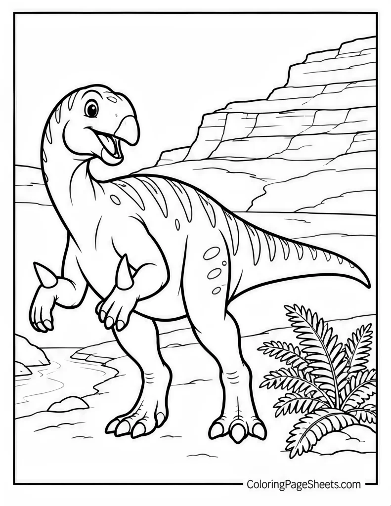 Large beaked herbivorous dinosaur walking beside water with rocky ledges and ferns