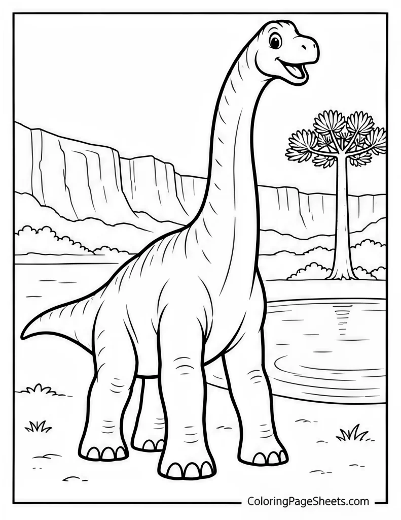Brachiosaurus standing beside water with canyon walls and a tall tree