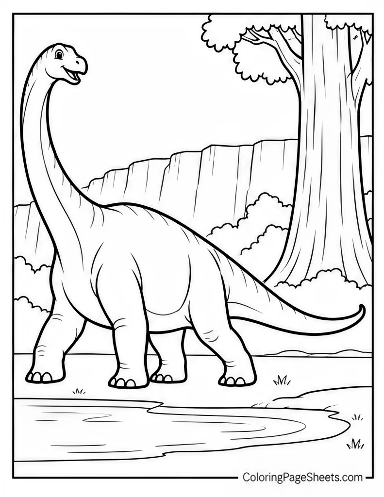 Brachiosaurus standing beside a large tree near water and cliffs