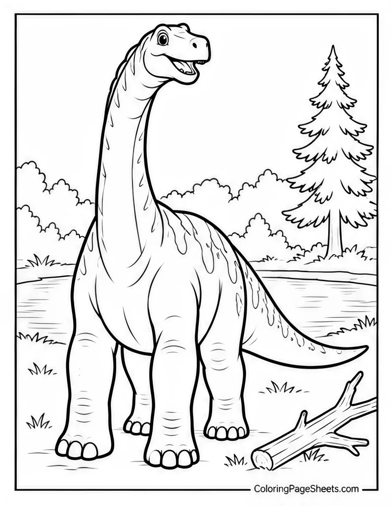 Brachiosaurus standing near a pine tree with water and hills behind it