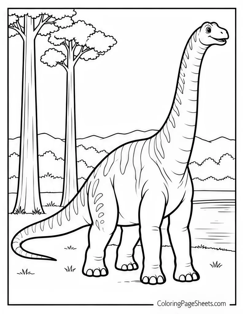 Brachiosaurus standing beside tall trees and water with distant hills