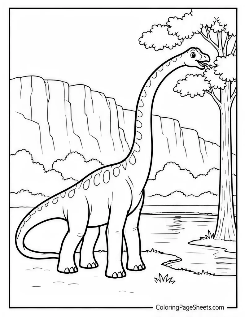 Brachiosaurus standing near a tall tree with cliffs and water behind it