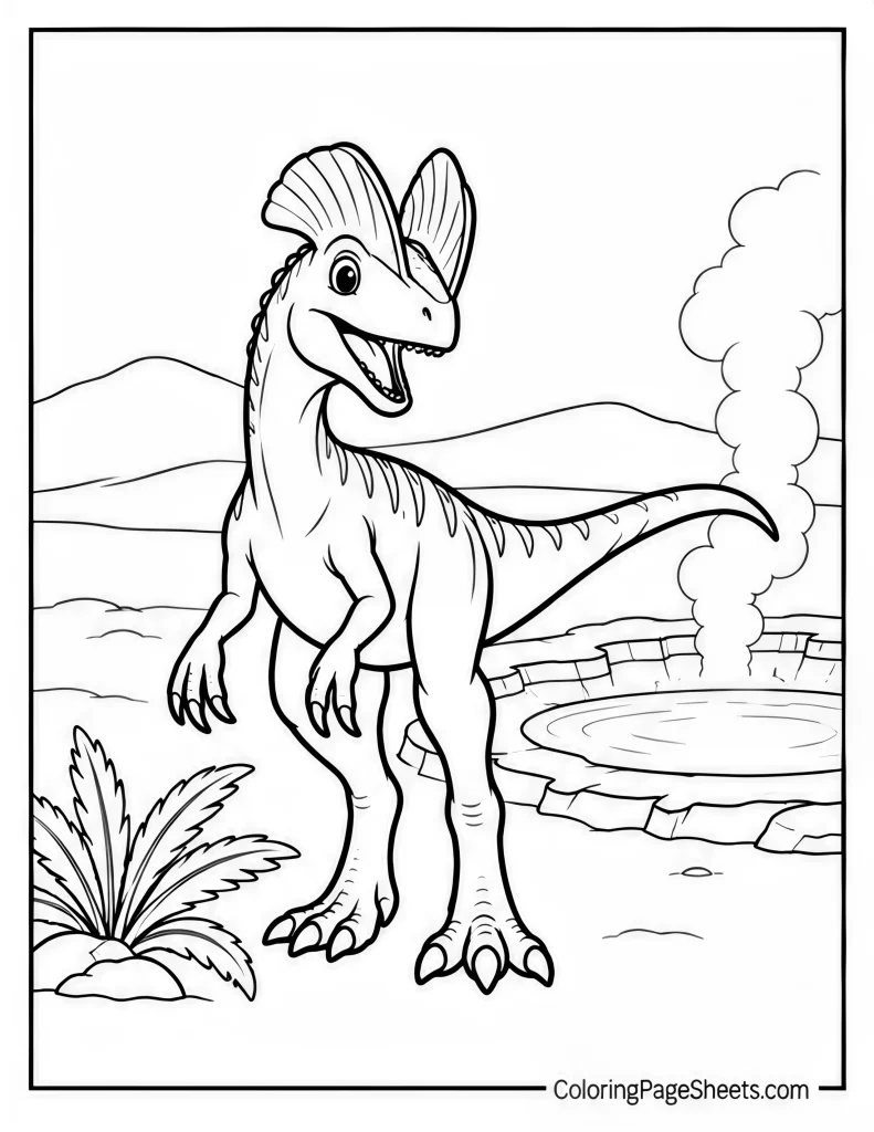Crested theropod standing near a steaming geyser with hills and plants
