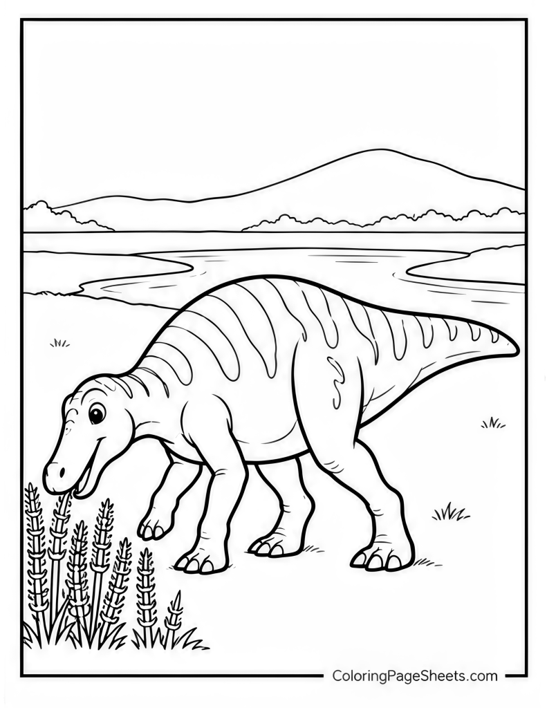 Duck-billed dinosaur lowering its head near reeds beside a shoreline