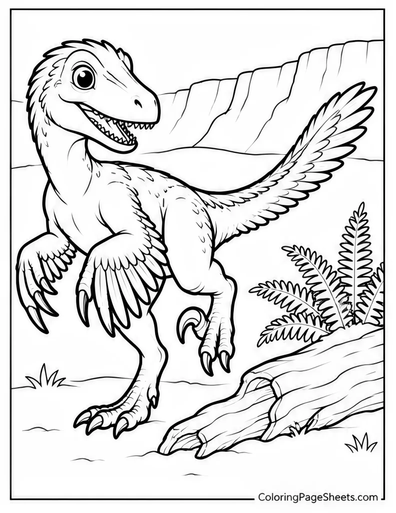 Feathered raptor standing beside a fallen log with cliffs and ferns