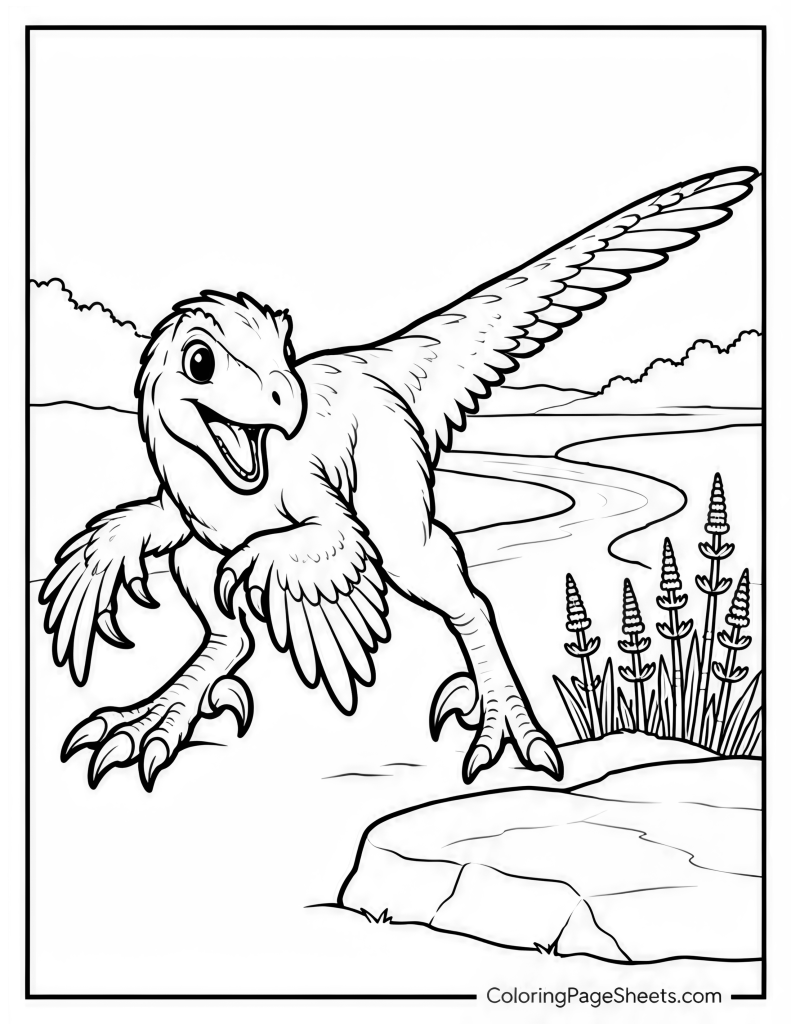Feathered raptor spreading its wing-like arms on a rocky perch with pine trees