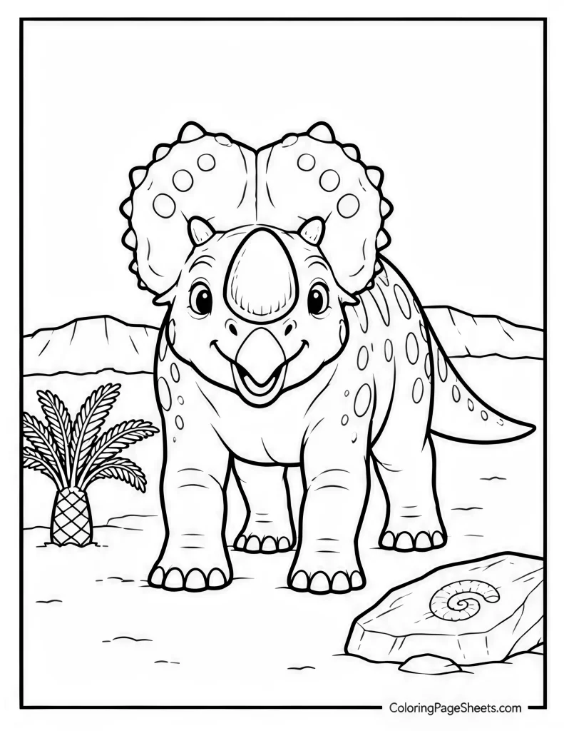 Front-facing triceratops with a broad frill and three horns