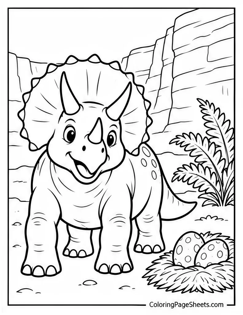 Front-facing triceratops standing among ferns with mountains behind it