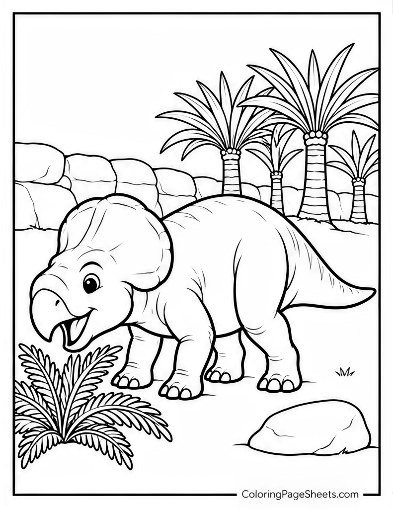 Horned dinosaur lowering its head among tropical plants and rocks