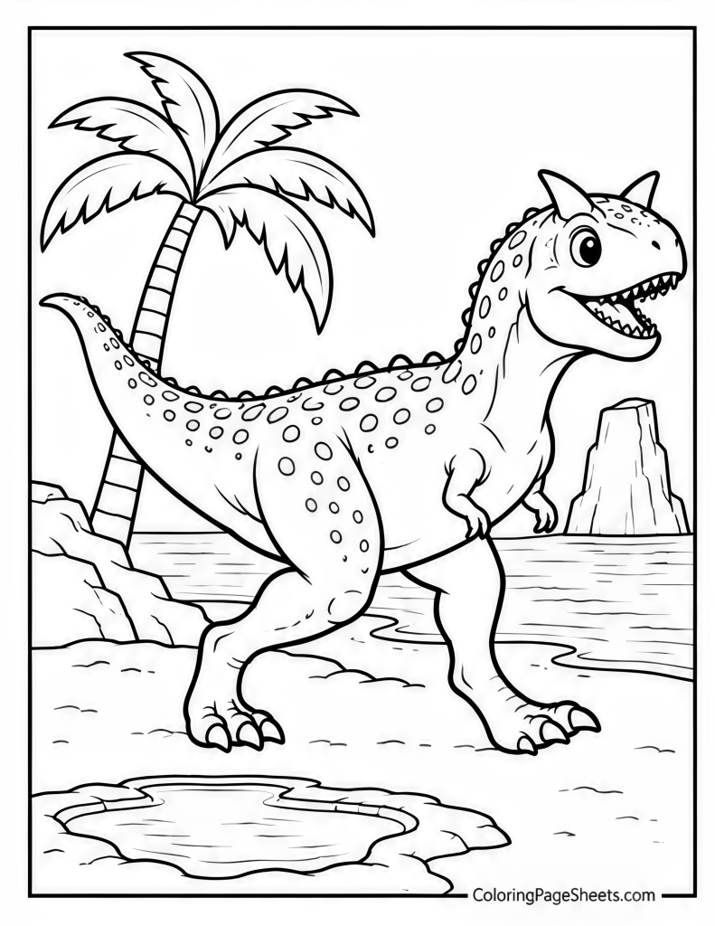 Horned theropod walking beside water with a palm tree and distant cliffs