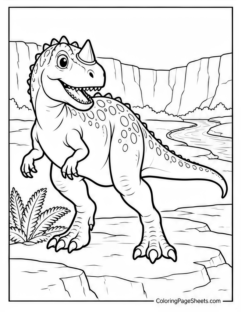 Horned theropod standing beside a river with canyon walls and ferns