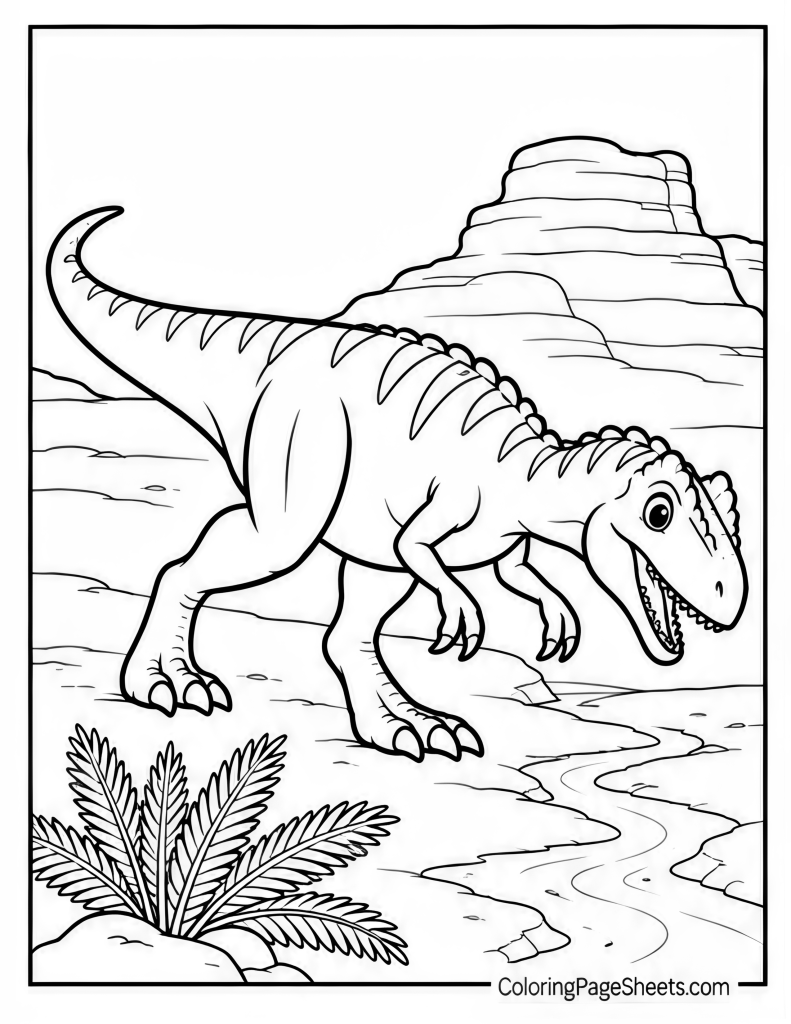 Large meat-eating dinosaur walking beside a river with mesas and ferns