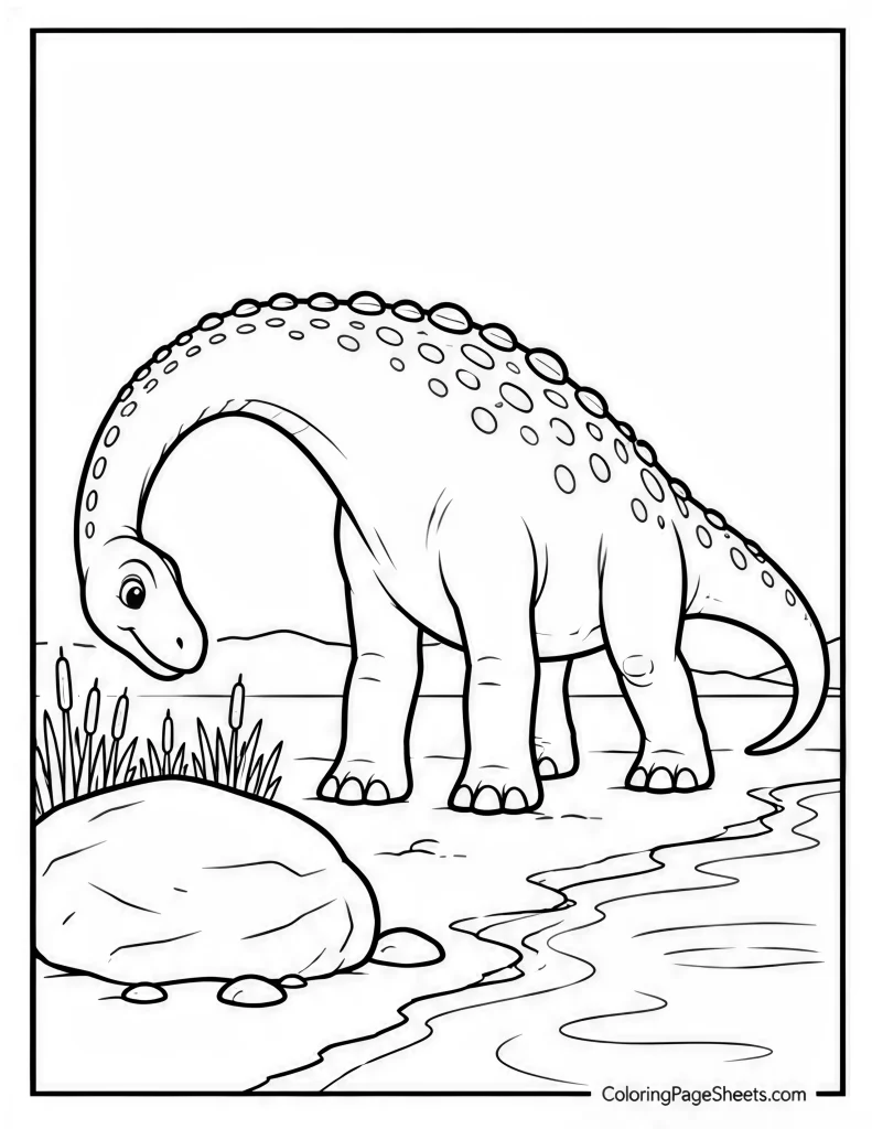 Long-neck dinosaur bending down to drink beside a large rock