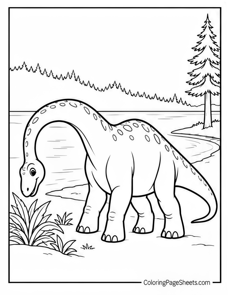 Long-neck dinosaur bending down to graze with pine trees and hills behind it