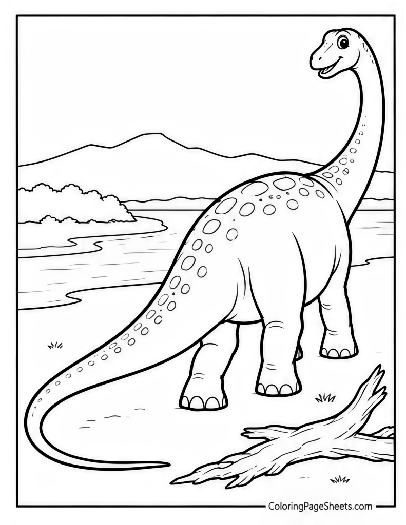 Long-neck dinosaur standing beside a lakeshore with hills and a fallen branch