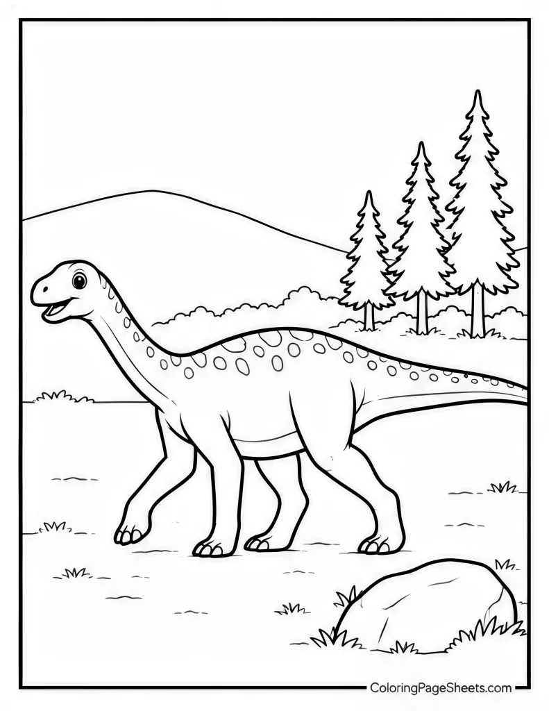 Long-neck dinosaur walking through an open valley with pine trees and distant hills