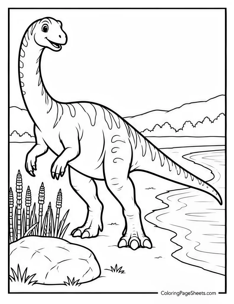 Long-neck dinosaur standing beside a curving shoreline with reeds and rocks