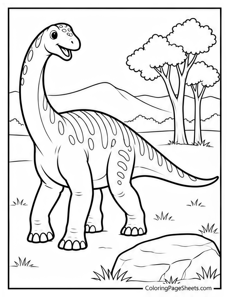 Long-neck dinosaur standing in grass near a broad tree and distant hills