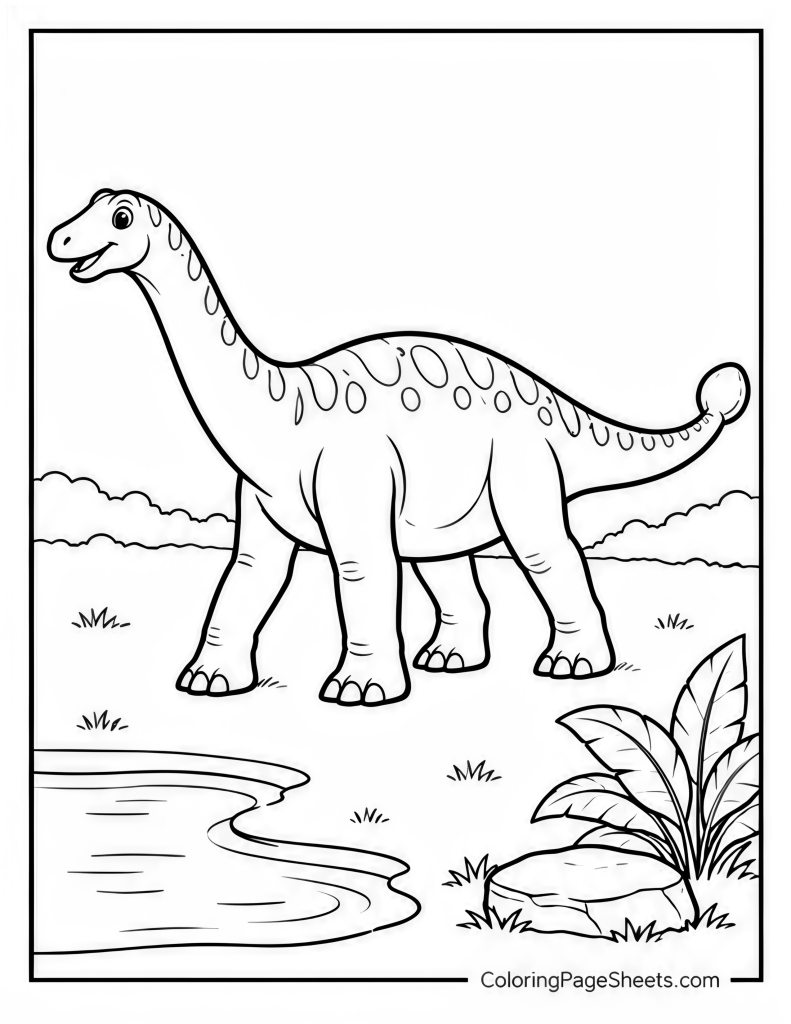 Long-neck dinosaur standing beside shallow water with broad leafy plants