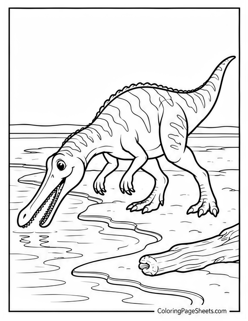 Long-snouted theropod bending toward the water beside a fallen log
