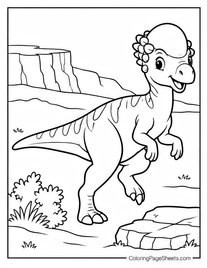 Pachycephalosaurus standing near a rocky cliff with shrubs and open ground