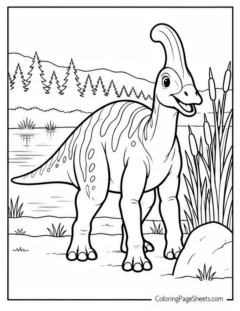 Parasaurolophus standing beside reeds and a lake with pine trees in the distance