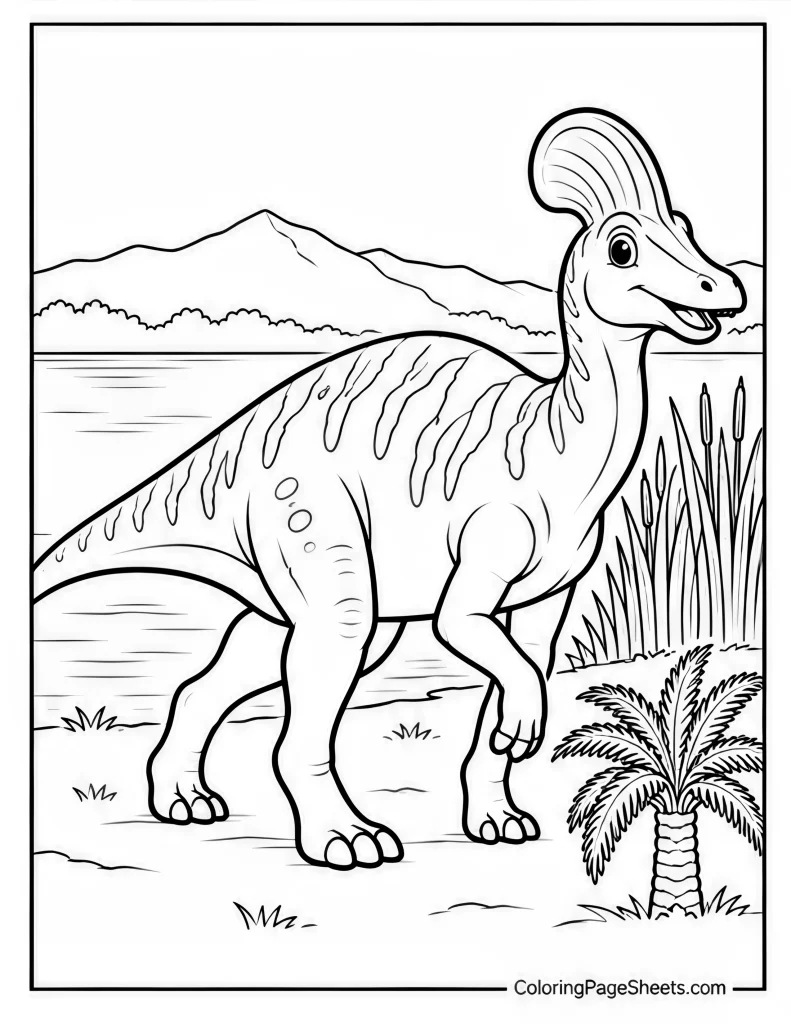Parasaurolophus standing near water with mountains, reeds, and a palm