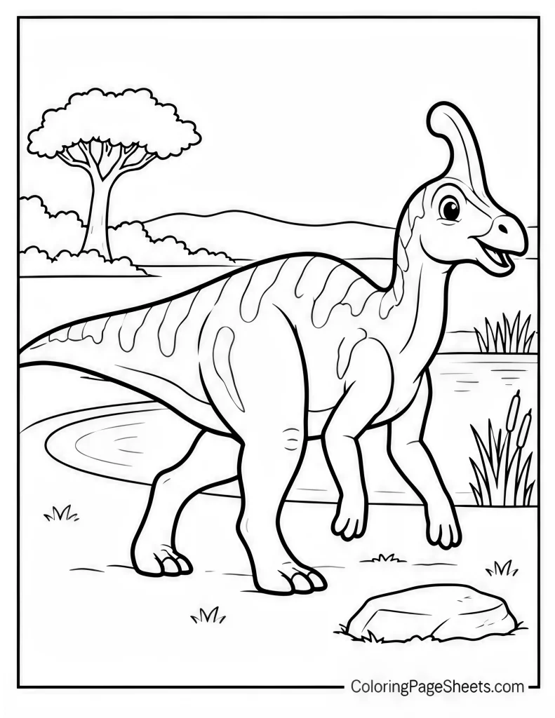 Parasaurolophus standing in an open valley with a broad tree and distant hills