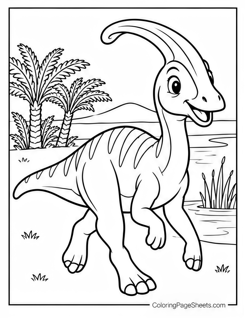 Parasaurolophus walking among palms, reeds, and open grass