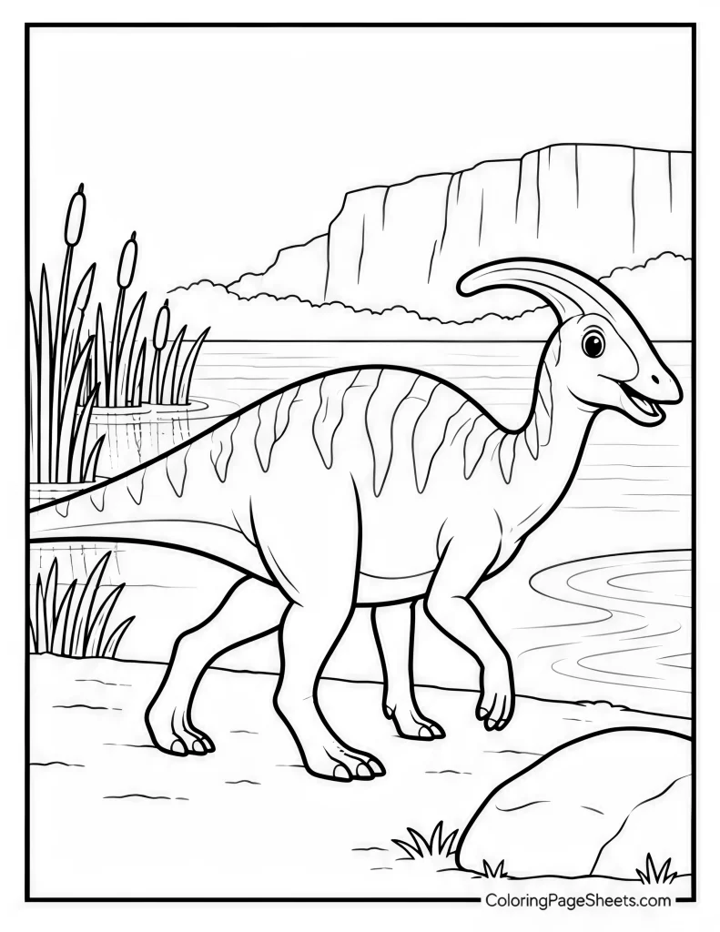 Parasaurolophus standing beside reeds and shallow water with cliffs behind it