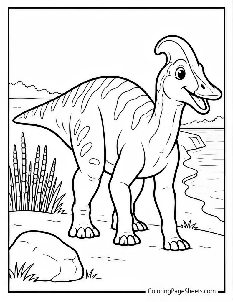 Parasaurolophus standing near reeds, rocks, and water