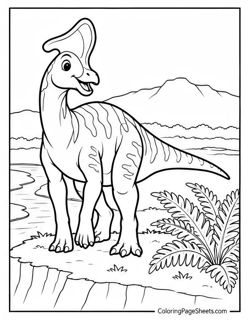 Parasaurolophus standing on a rocky ledge with mountains and ferns
