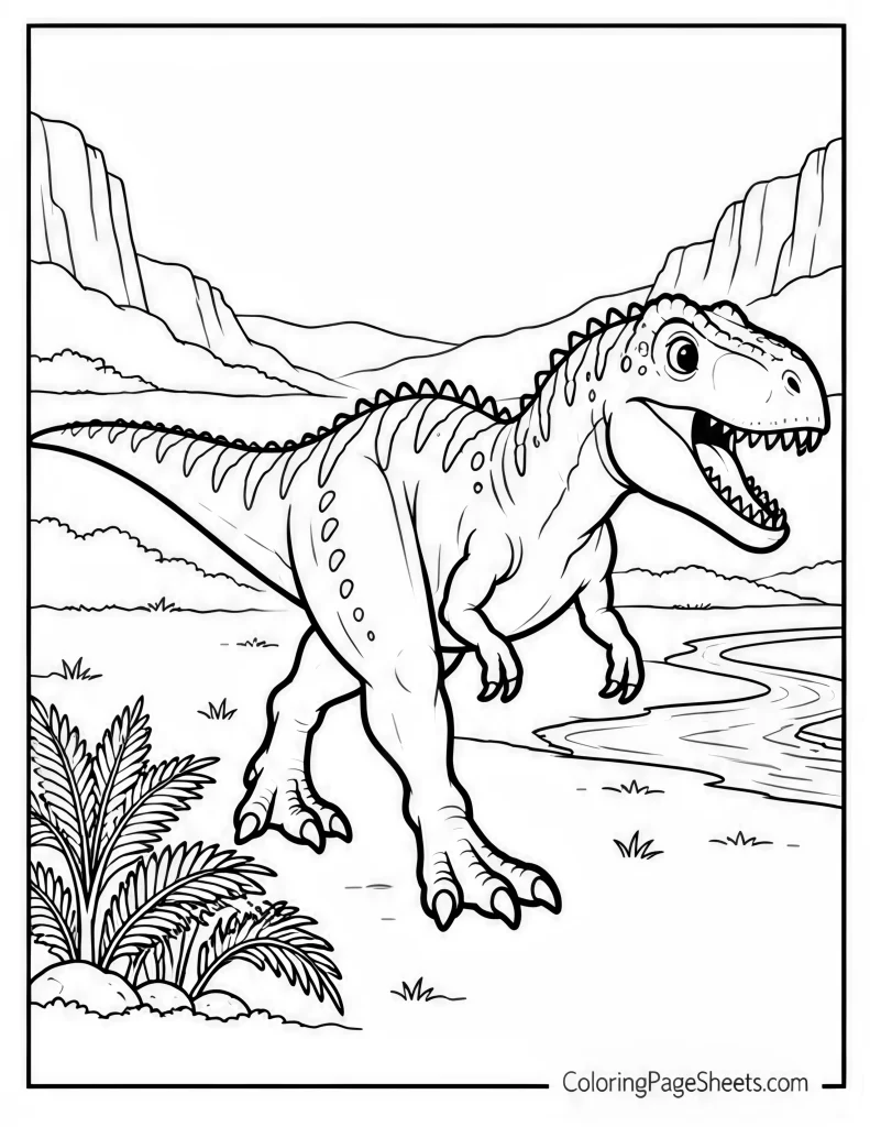 Roaring T. rex standing beside a river with canyon walls and ferns