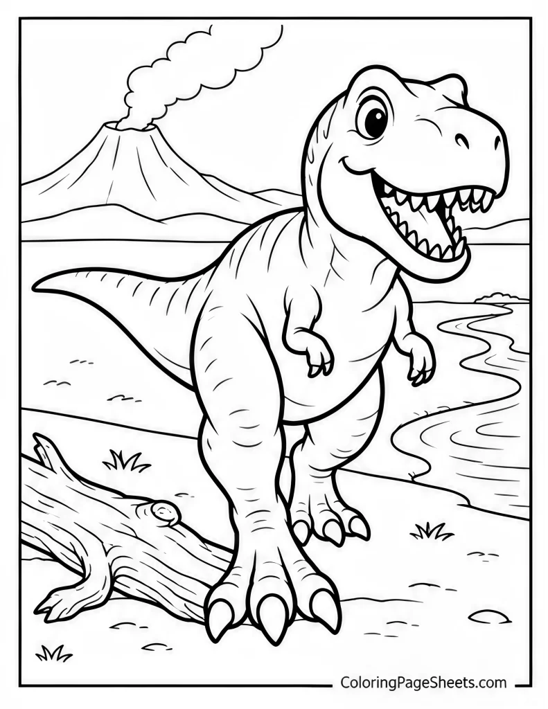 Roaring T. rex standing near water with a smoking volcano in the distance