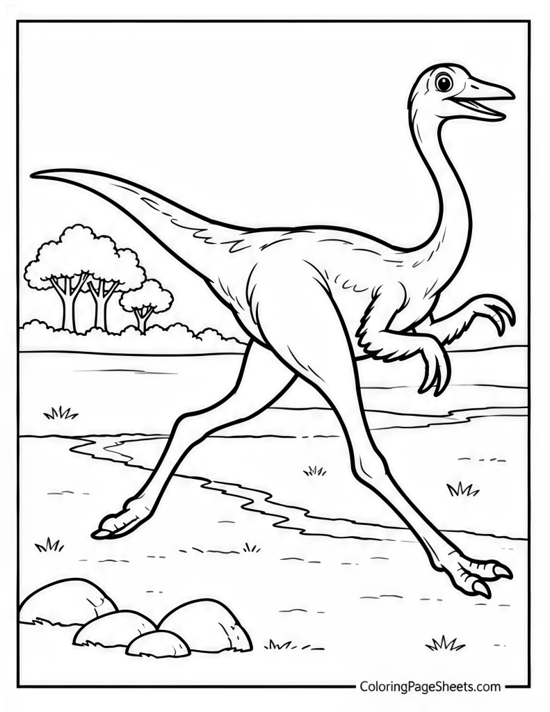 Slender ostrich-like dinosaur running across open ground with trees and hills behind it