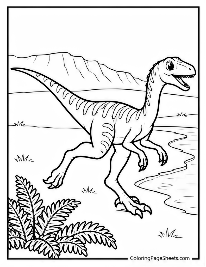 Slender raptor running beside water with ferns and cliffs