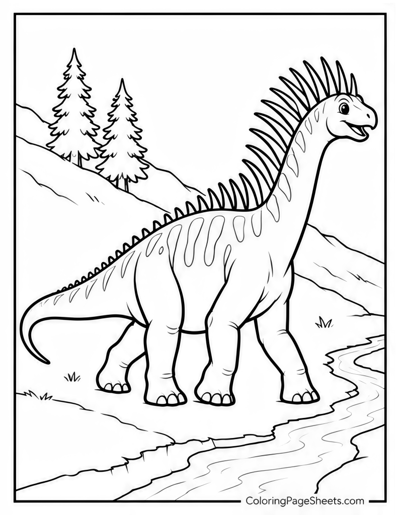 Long-neck dinosaur with tall neck and back spines standing near pine trees and water