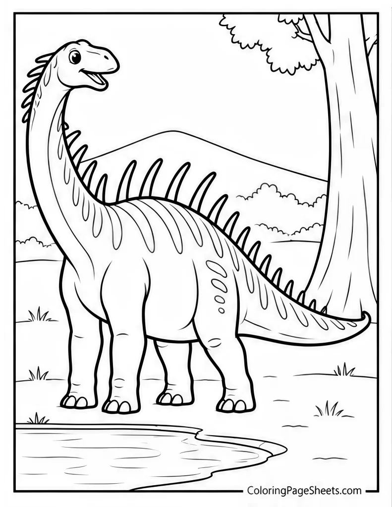 Long-neck sauropod with a row of back spines standing beside a tree and water
