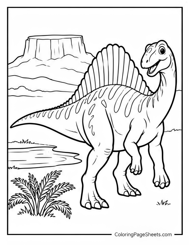 Spinosaurus standing in a dry landscape with flat-topped mesas and ferns