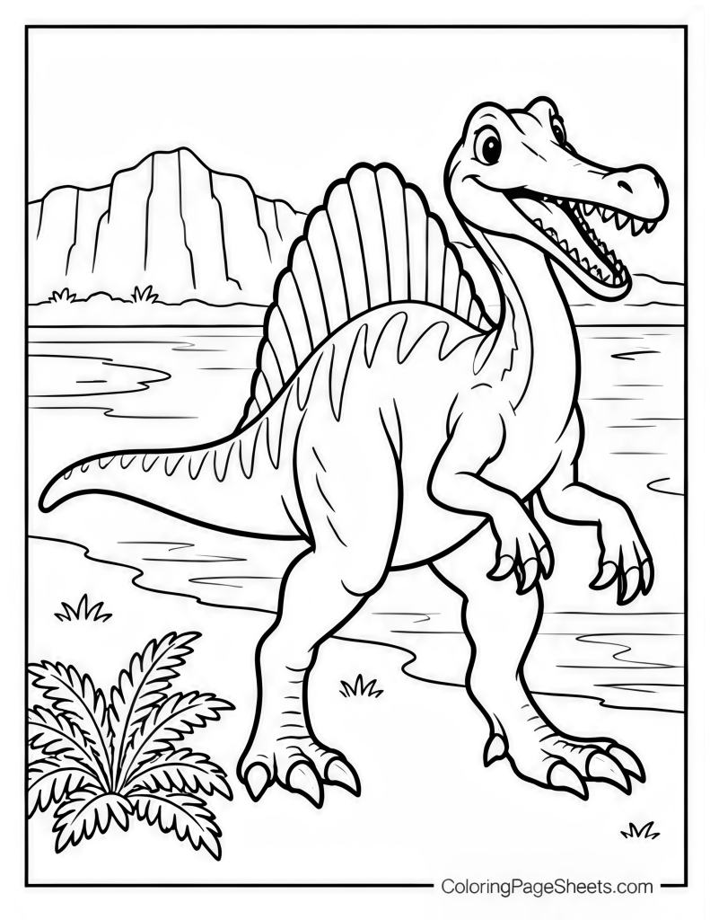 Spinosaurus standing beside water with rocky cliffs and ferns
