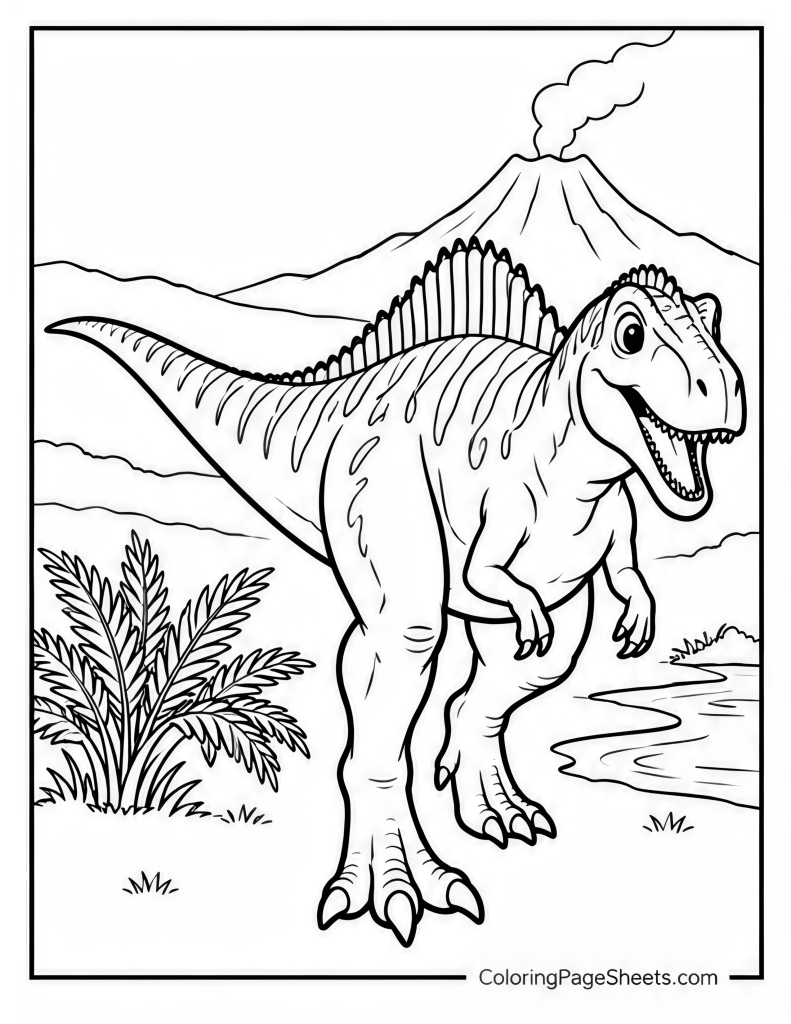 Spinosaurus standing beside water with an erupting volcano in the distance
